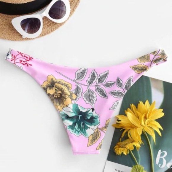 ZAFUL Flower Printed High Leg Bikini Bottom Pink - Picture 2 of 9